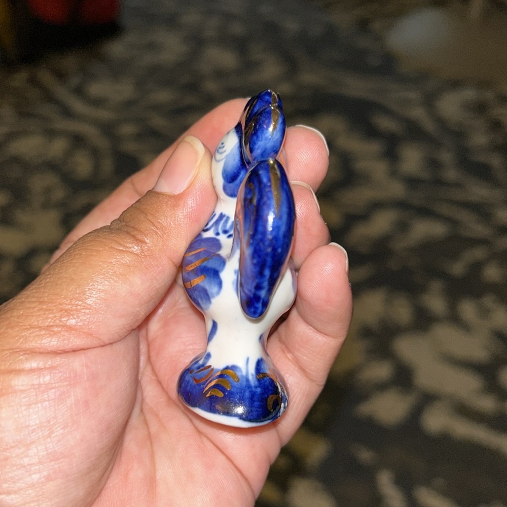Vintage Russian Gzhel Porcelain Figurine rooster Cobalt Blue & Gold - Picture 5 of 7
